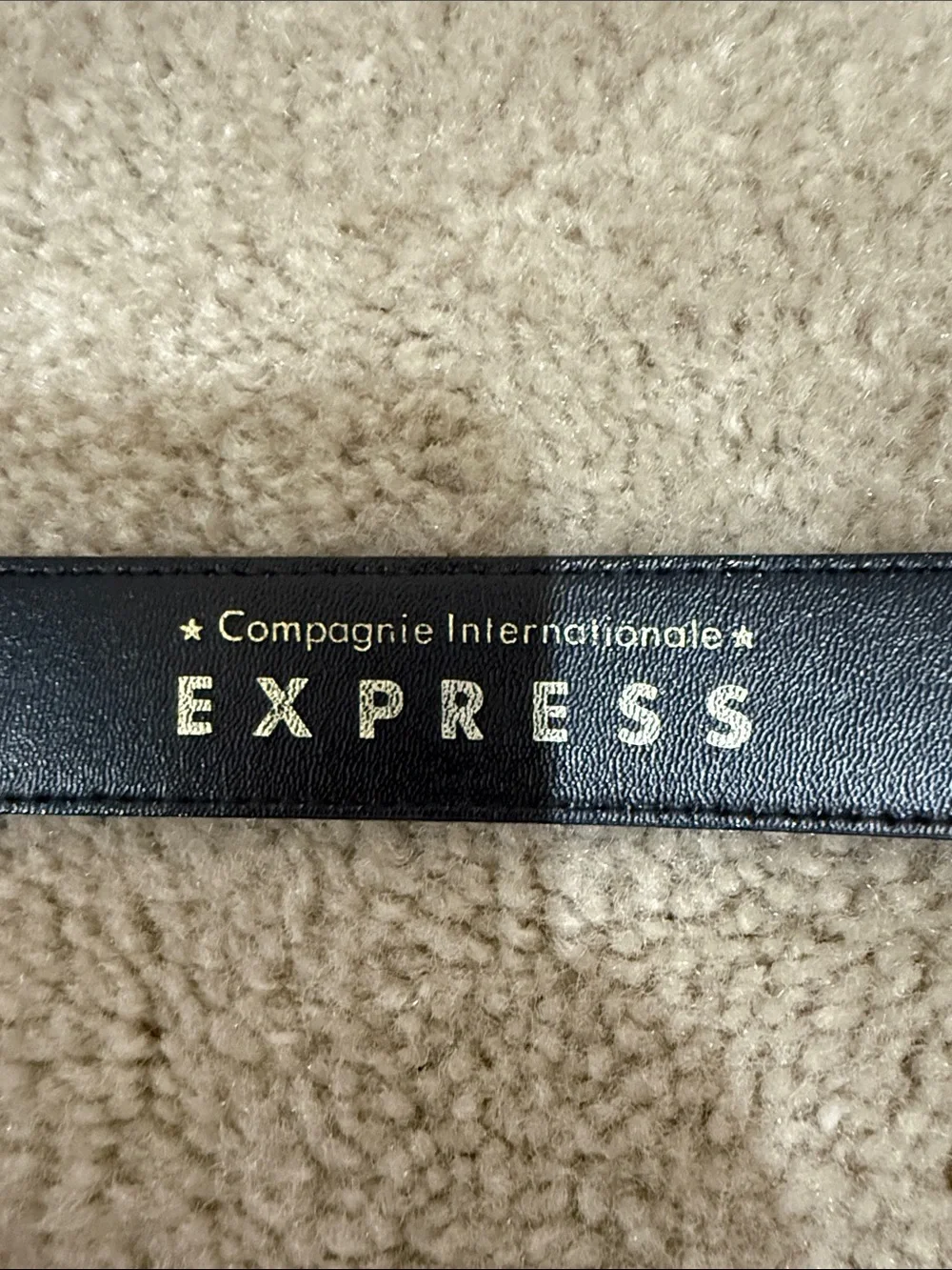 Express Black Leather Belt with Embossed Gold Buckle